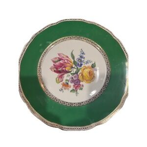 Set 12 Royal Crown RGK Celebrate Green Rim Floral Dinner Plates Czechoslovakia